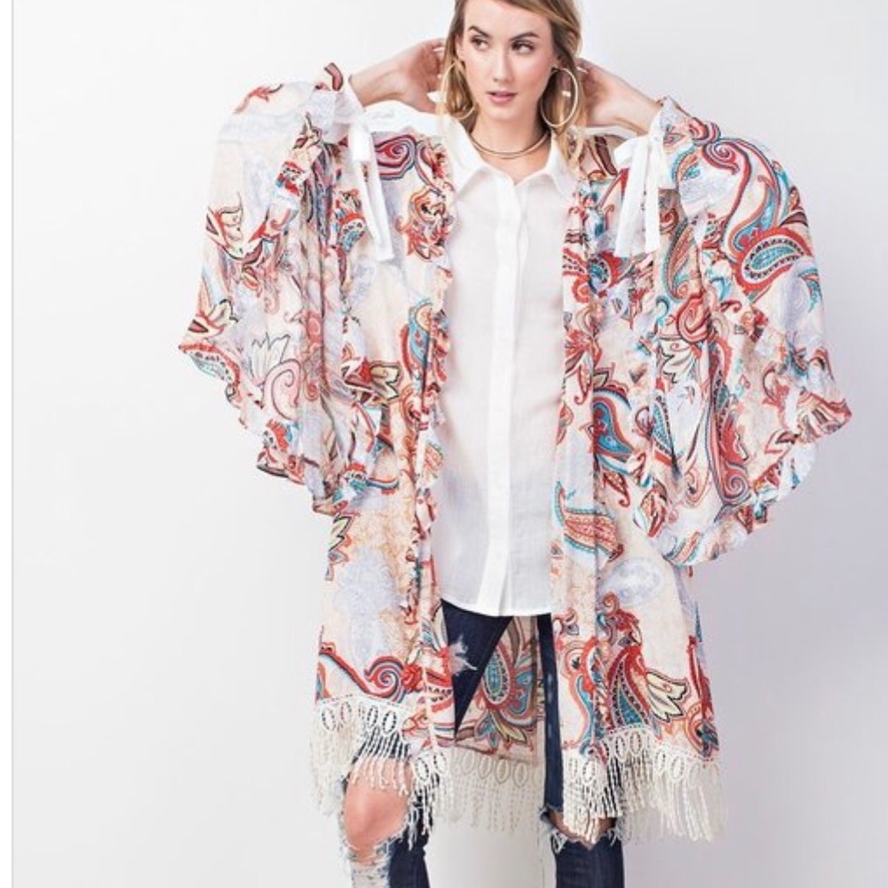 ☀️BLUE PAISLEY BOHO FLARE SLEEVES CARDIGAN - Picture 6 of 8